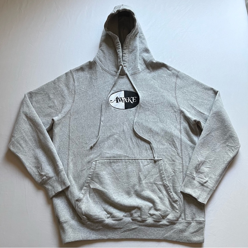 AWAKE NY heather grey logo embroidered long‎ sleeve hoodie sweater